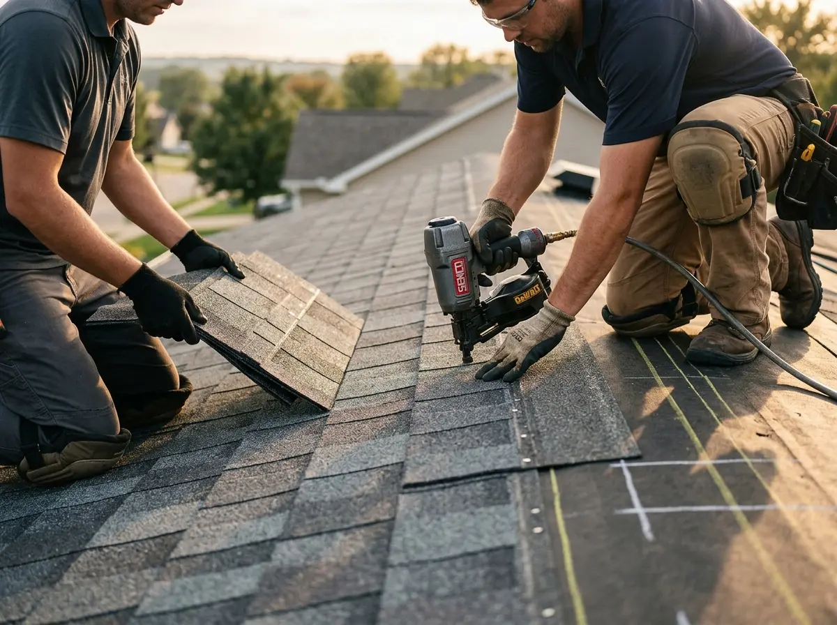 Professional roofer working on a residential roof in Port Jefferson